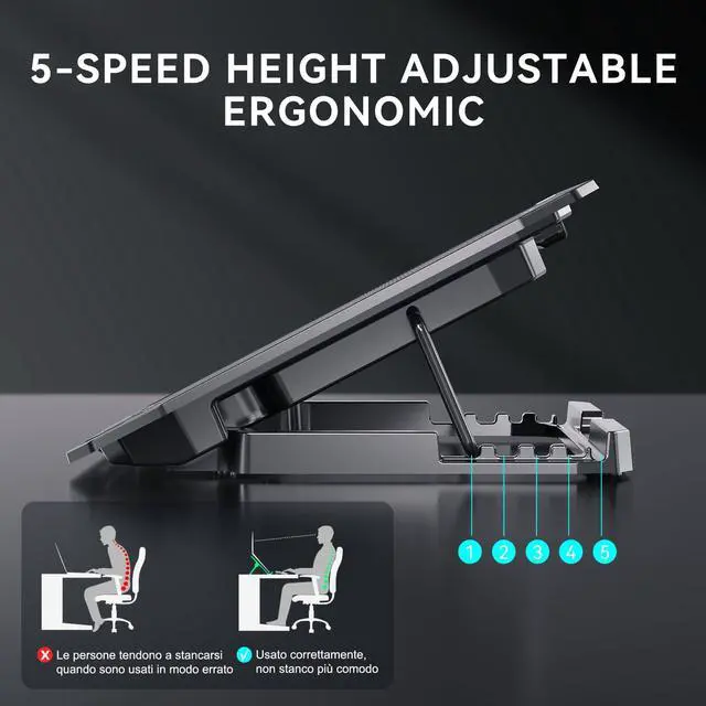 Alt view image 10 of 12 - Ultra Slim Laptop Cooling Pad with 2 Quiet Big Fans, 5 Height Adjustable Ergonomic Stand, Portable Cooler for 10-15.6 Inch Laptops, Speed Control and 2 USB Ports