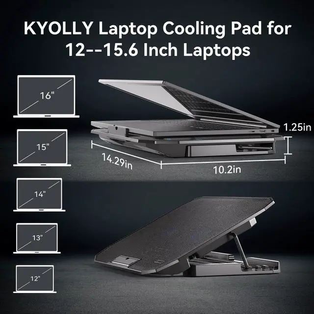 Alt view image 12 of 12 - Ultra Slim Laptop Cooling Pad with 2 Quiet Big Fans, 5 Height Adjustable Ergonomic Stand, Portable Cooler for 10-15.6 Inch Laptops, Speed Control and 2 USB Ports