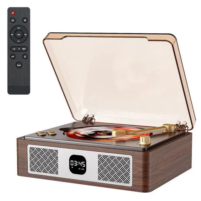 Alt view image 14 of 14 - Retro Cd Player Can Rip to USB,Nostalgic Bluetooth CD Player for Home,Built-in Speakers with LCD Screen,Supports Coaxial/3.5mm/FM Radio with Remote Control-Wired Walnut Brown