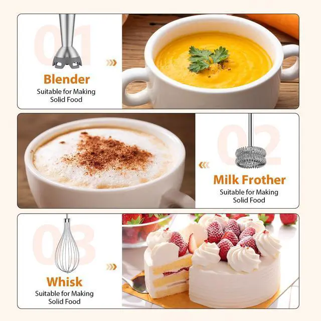 Alt view image 13 of 14 - Immersion Blender, 1000W Anti-scratch 3-in-1 Hand Blender, Upgraded 12 Speed Stainless Steel Blade Stick Blenders with Turbo Mode, Whisk and Milk Frother, Non-BPA