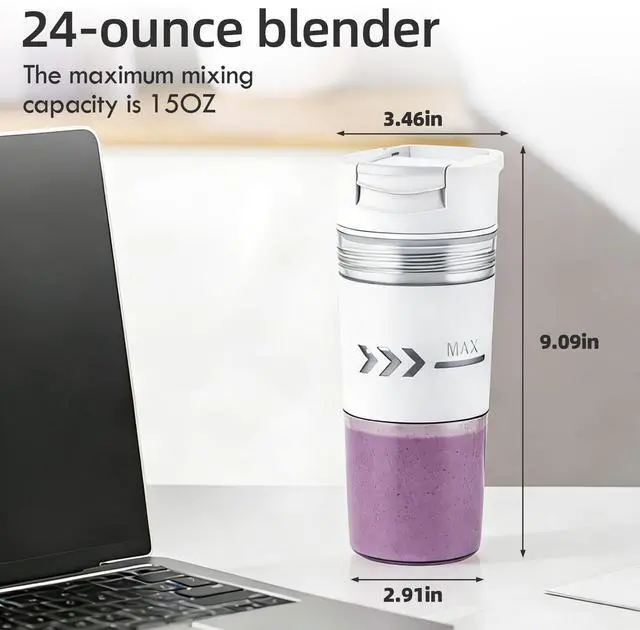 Alt view image 13 of 14 - Portable Blender, Cordless, 24 oz Personal Blender for Shakes and Smoothies, BPA Free, USB-C Rechargeable, Dishwasher Safe Components for Kitchen, Office, Gym (White)