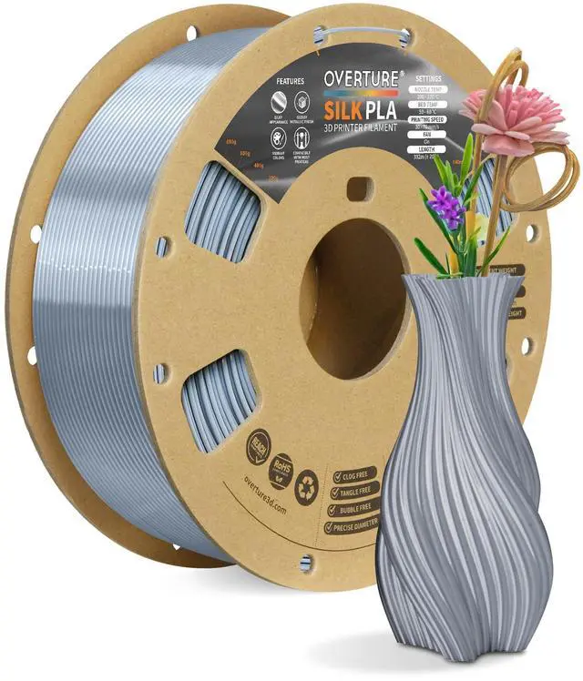Alt view image 8 of 14 - Silk PLA Filament 1.75mm, Clog-Free Shiny, Metallic Shine 3D Printer Filament, 1kg Spool (2.2lbs), Ideal for Cosplay Jewelry & Home Decor (Silk Silver)