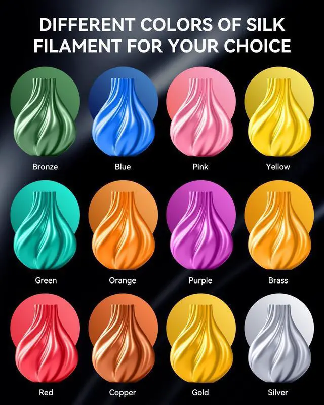 Alt view image 12 of 14 - Silk PLA Filament 4KG, Smooth Silky Surface, Silk 3D Filament 1.75mm, Dimensional Accuracy +/- 0.02mm, 1kg Spool(2.2lbs), Total 4KG, Silver+Pink+Purple+Orange