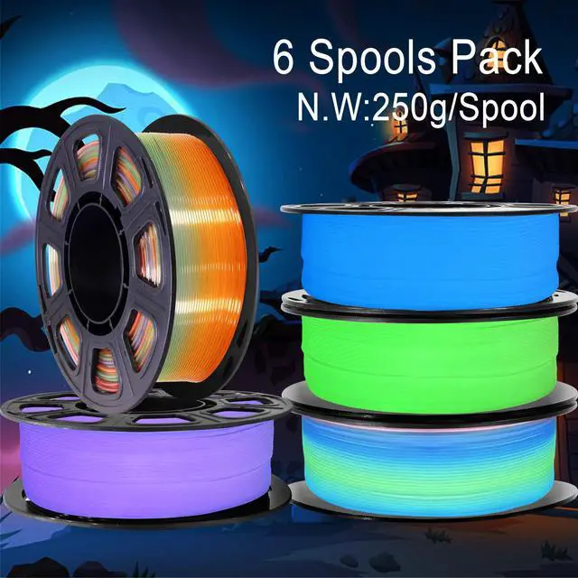 Alt view image 8 of 10 - 1.75mm PLA 3D Printer Filament Bundle: Glow in Dark Green/Blue/Purple/Rainbow, One Spool Clear Multi Colored, Each Spool 250g, Total 1.25Kg 3D Printing Material, 250g x 5 Spools Glow in Dark PLA