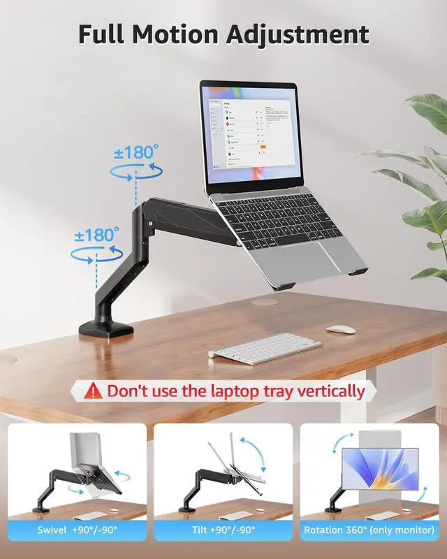 Alt view image 10 of 14 - Laptop Stand for Desk, Adjustable Aluminum Laptops Arm Mount for 14-17 Inch Notebook & 32" Monitor, Laptops Arm for Desk Support for 2.2-19.8lbs, 2-in-1 Laptop Desk Mount with Clamp/Grommet