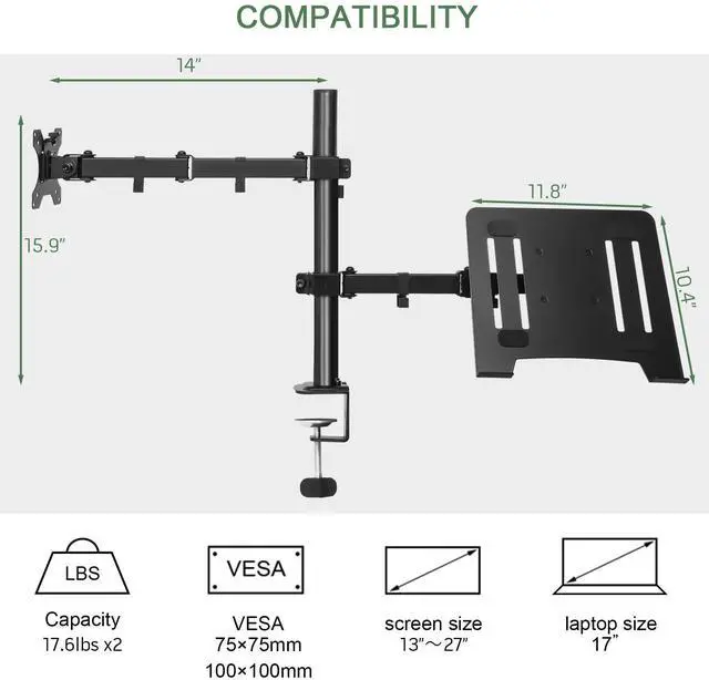 Alt view image 9 of 14 - Monitor and Laptop Mount, Monitor Arm with Vented Tray for 13" to 27" LCD Computer Screens and Notebook up to 17 inch, Fully Adjustable Laptop Mount Stand Holds up to 17.6lbs