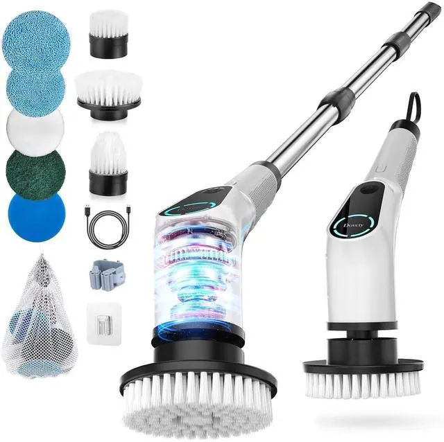 Alt view image 8 of 14 - Electric Spin Scrubber, Shower Scrubber, Power Cleaner Tools with 8 Replaceable Brush Heads, Cleaning Brush with Extension Handle, 2 Adjustable Speeds, 90Mins Work Time for Home Bathtub-White