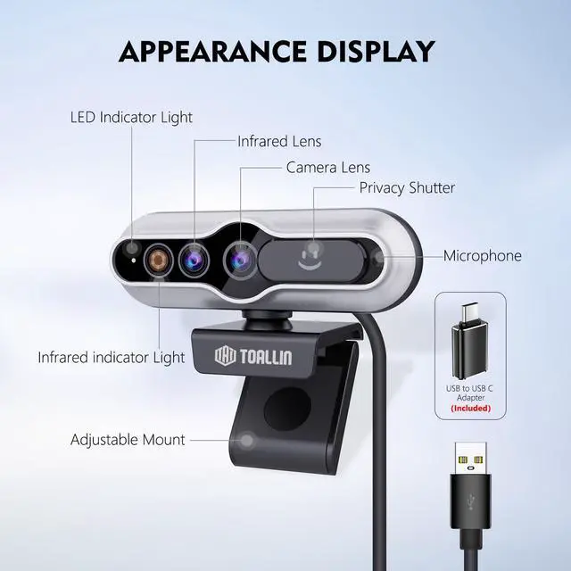 Alt view image 14 of 14 - 2K QHD Webcam with Windows Hello, Facial Recognition Web Camera, 5 Million Pixels, Auto-Focus Computer Camera, USB Webcam with Microphone & Privacy Shutter