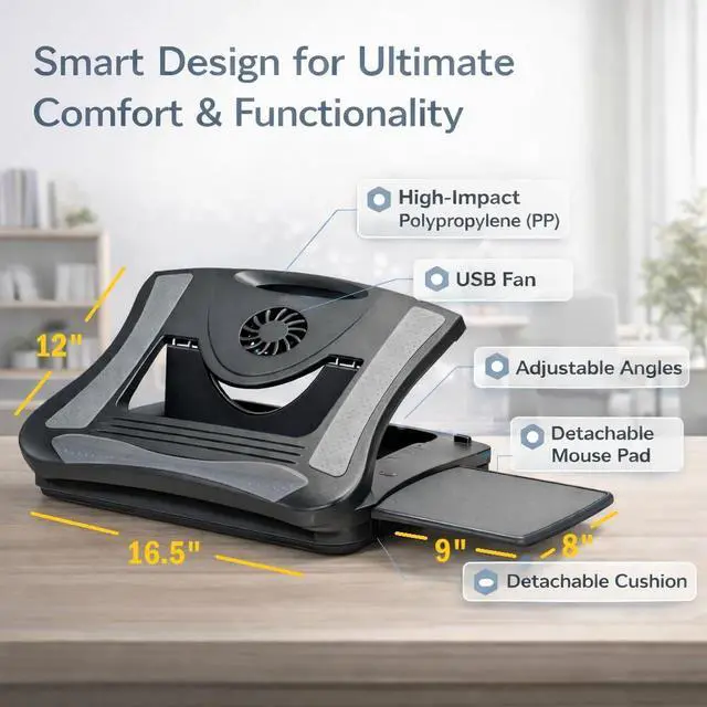 Alt view image 9 of 14 - Laptop Lap Pad Laptop Stand with Attached Mouse Pad, Cushion and USB Cooling Fan, Non-Slip Heat Shield Tablet Computer Stand for Sturdy Work Station for Home, Office, Bed Sofa, Couch and Car