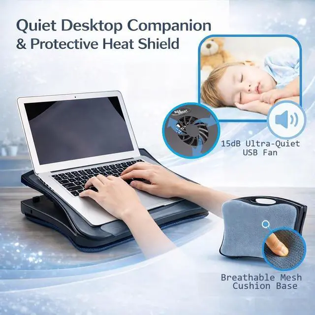Alt view image 11 of 14 - Laptop Lap Pad Laptop Stand with Attached Mouse Pad, Cushion and USB Cooling Fan, Non-Slip Heat Shield Tablet Computer Stand for Sturdy Work Station for Home, Office, Bed Sofa, Couch and Car
