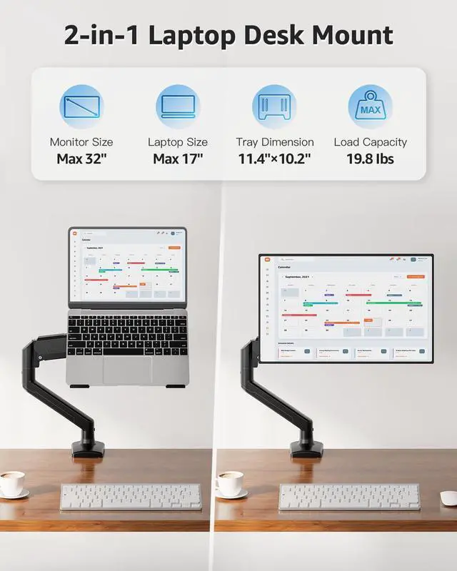 Alt view image 9 of 14 - Laptop Stand for Desk, Adjustable Aluminum Laptops Arm Mount for 14-17 Inch Notebook & 32" Monitor, Laptops Arm for Desk Support for 2.2-19.8lbs, 2-in-1 Laptop Desk Mount with Clamp/Grommet