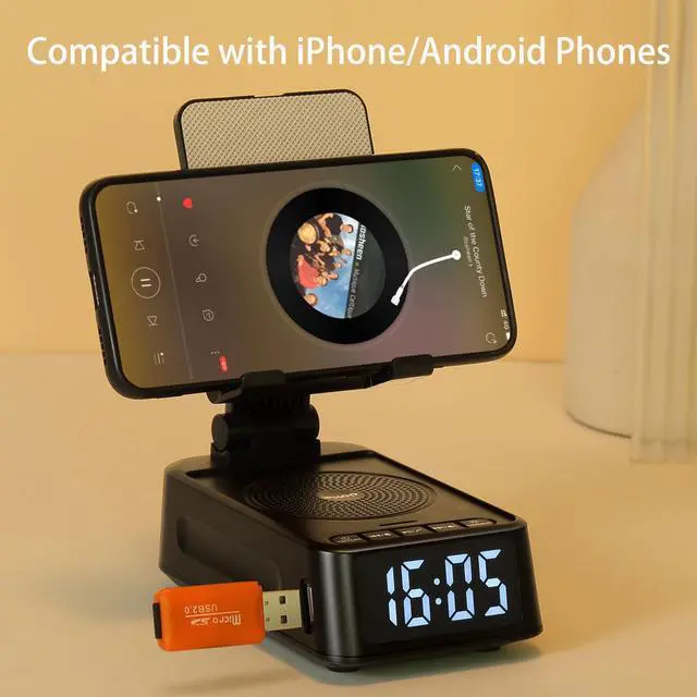 Alt view image 14 of 14 - Gifts for Men Women, Phone Stand with Bluetooth Speaker&Clock, Birthday Gifts for Him, Phone Holder with Wireless Speaker, Ideal for Dad Mom Husband Boy, Cool Tech Gadget for Men