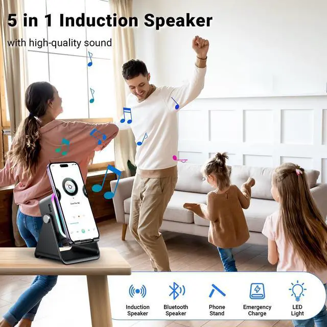 Alt view image 14 of 14 - Induction Speaker with Phone Stand 5 in 1 Wireless Induction Bluetooth Audio for iPhone Android Phone Speakers Amplifier with Rechargeable Colorful Light, Birthday Gifts for Men Women Teens (Black)