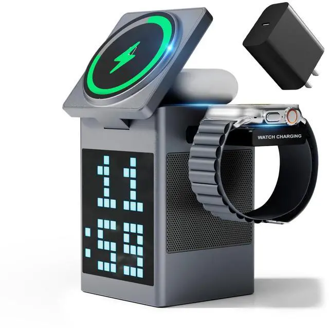 Alt view image 8 of 14 - 3-in-1 Wireless Charging Station with Bluetooth Speaker, Digital Alarm Clock, Pixel Display for MagSafe iPhone 17/16/15, Apple Watch, AirPods, Fast Charging, Compact Desk Organizer