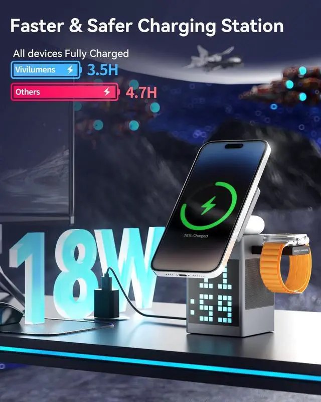 Alt view image 10 of 14 - 3-in-1 Wireless Charging Station with Bluetooth Speaker, Digital Alarm Clock, Pixel Display for MagSafe iPhone 17/16/15, Apple Watch, AirPods, Fast Charging, Compact Desk Organizer