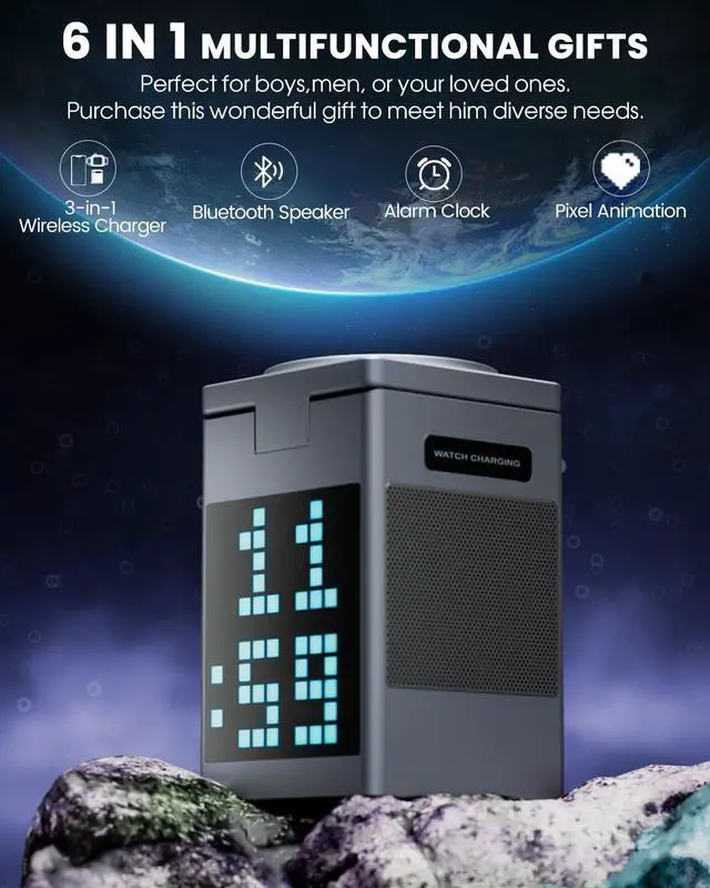 Alt view image 9 of 14 - 3-in-1 Wireless Charging Station with Bluetooth Speaker, Digital Alarm Clock, Pixel Display for MagSafe iPhone 17/16/15, Apple Watch, AirPods, Fast Charging, Compact Desk Organizer