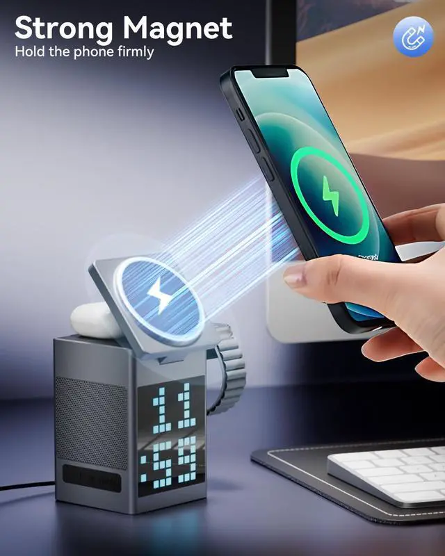 Alt view image 11 of 14 - 3-in-1 Wireless Charging Station with Bluetooth Speaker, Digital Alarm Clock, Pixel Display for MagSafe iPhone 17/16/15, Apple Watch, AirPods, Fast Charging, Compact Desk Organizer
