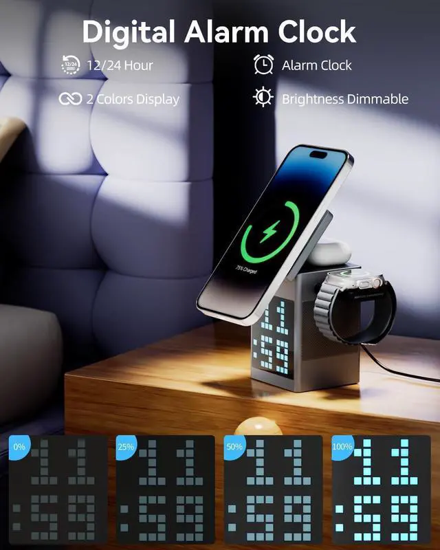 Alt view image 13 of 14 - 3-in-1 Wireless Charging Station with Bluetooth Speaker, Digital Alarm Clock, Pixel Display for MagSafe iPhone 17/16/15, Apple Watch, AirPods, Fast Charging, Compact Desk Organizer