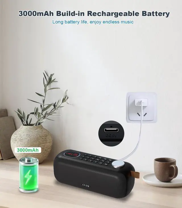 Alt view image 14 of 14 - Portable Bluetooth Speaker FM Radio Digital, Support USB/SD Card MP3 Music Player/AUX/REC, Build-in 3000mAh Rechargeable Battery, 10W Powerful Speaker and Earphone Jack for Indoor Outdoor