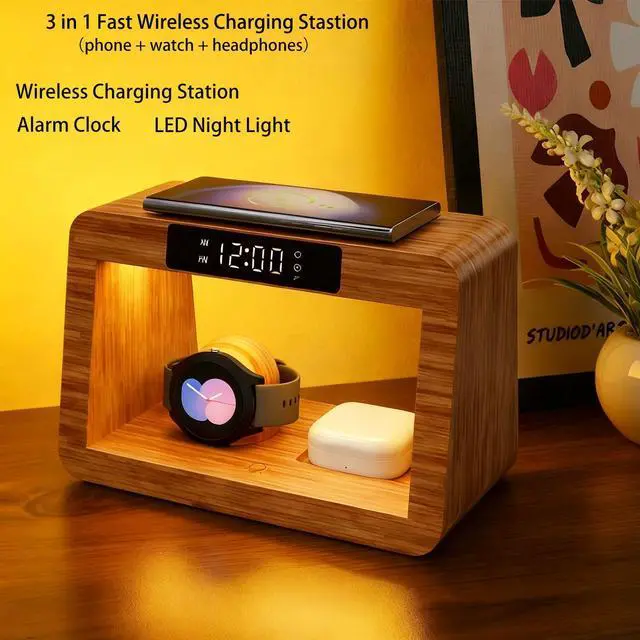 Alt view image 9 of 14 - Bamboo Wireless Charging Station, 5 in 1 Charging Station with Light & Clock for Samsung & Android Phone, Wireless Phone Charger Station Only for Samsung Watch