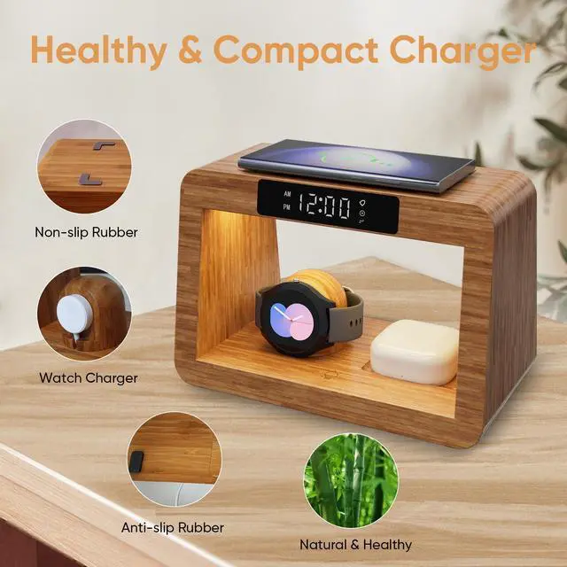 Alt view image 12 of 14 - Bamboo Wireless Charging Station, 5 in 1 Charging Station with Light & Clock for Samsung & Android Phone, Wireless Phone Charger Station Only for Samsung Watch