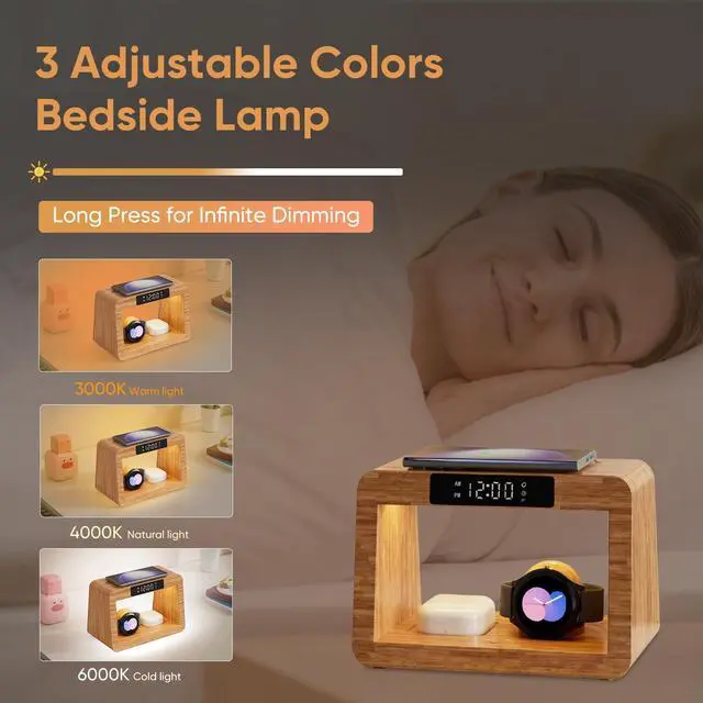 Alt view image 14 of 14 - Bamboo Wireless Charging Station, 5 in 1 Charging Station with Light & Clock for Samsung & Android Phone, Wireless Phone Charger Station Only for Samsung Watch