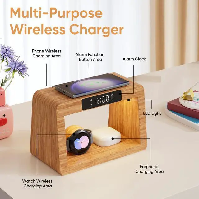 Alt view image 11 of 14 - Bamboo Wireless Charging Station, 5 in 1 Charging Station with Light & Clock for Samsung & Android Phone, Wireless Phone Charger Station Only for Samsung Watch