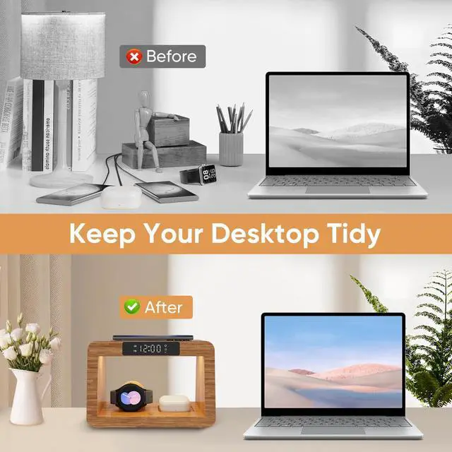 Alt view image 13 of 14 - Bamboo Wireless Charging Station, 5 in 1 Charging Station with Light & Clock for Samsung & Android Phone, Wireless Phone Charger Station Only for Samsung Watch