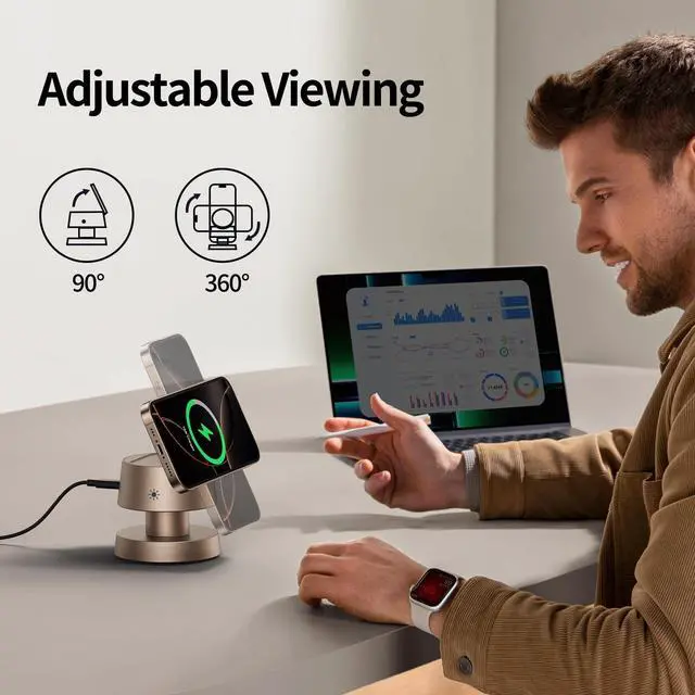 Alt view image 11 of 14 - 4 in 1 Magnetic Wireless Charging Station,15W Fast Charging with Night Light for MagSafe Charger Stand,3 in 1 Wireless Charger for iPhone 17/16/15/14/13 Pro Max,Apple Watch & AirPods,Sand Gold