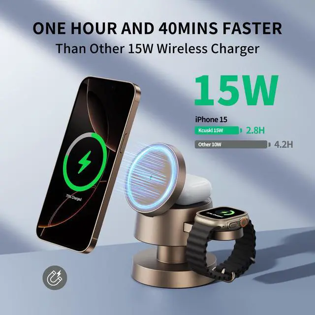 Alt view image 9 of 14 - 4 in 1 Magnetic Wireless Charging Station,15W Fast Charging with Night Light for MagSafe Charger Stand,3 in 1 Wireless Charger for iPhone 17/16/15/14/13 Pro Max,Apple Watch & AirPods,Sand Gold