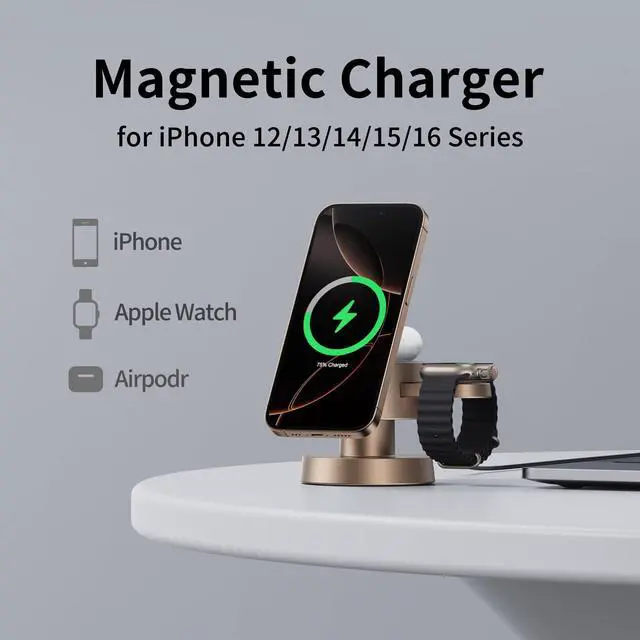Alt view image 10 of 14 - 4 in 1 Magnetic Wireless Charging Station,15W Fast Charging with Night Light for MagSafe Charger Stand,3 in 1 Wireless Charger for iPhone 17/16/15/14/13 Pro Max,Apple Watch & AirPods,Sand Gold