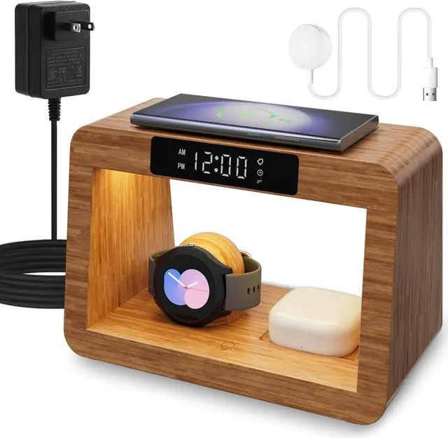 Alt view image 8 of 14 - Bamboo Wireless Charging Station, 5 in 1 Charging Station with Light & Clock for Samsung & Android Phone, Wireless Phone Charger Station Only for Samsung Watch