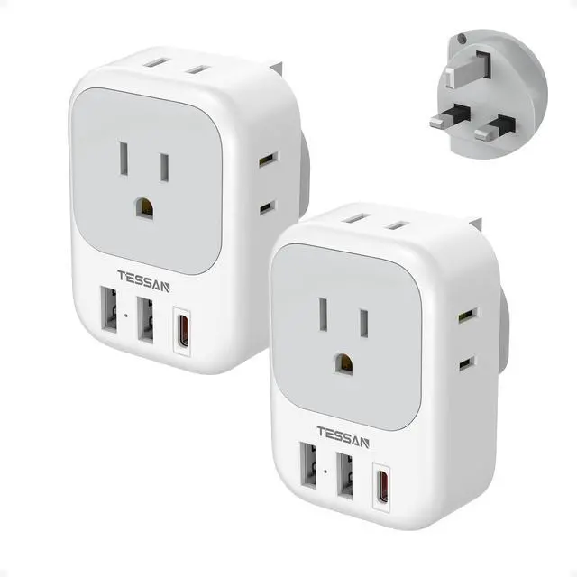 Alt view image 8 of 14 - UK Adapters for Travel 2 Pack, Type G US to UK Plug Adapter with 4 Outlets 3 USB Charger(1 USB C PD 20W), Power Adaptor for USA to Ireland Scotland Dubai Hong Kong England British Kenya London