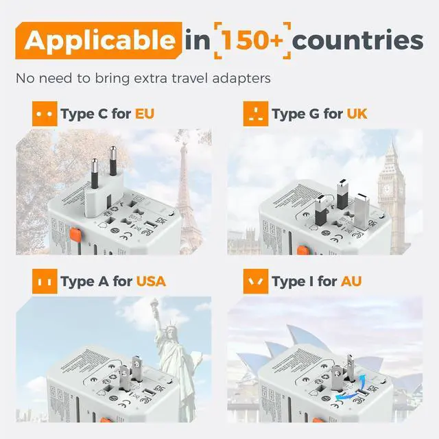Alt view image 9 of 14 - Universal Travel Adapter, International Power Adapter with 5 USB Ports (3 USB C), Worldwide Plug Adaptor for US to Europe UK France Germany Spain Ireland Australia Japan (Type C G A I)