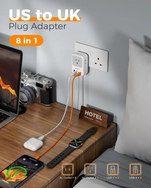 Alt view image 11 of 14 - Type G Adapter for Travel 2 Pack, PD 20W US to UK Plug Adapter with 4 AC Outlets 4 USB Ports (2 USB C), Ireland Power Adaptor for USA to England London British Scotland Dubai Hong Kong Kenya