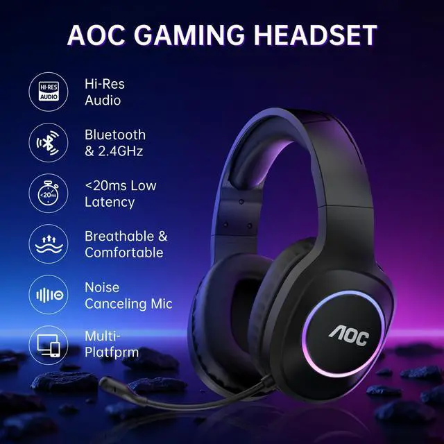 Alt view image 9 of 14 - Wireless Gaming Headset Compatible with PS5/4, Nintendo Switch, PC, Bluetooth 5.4 & 2.4GHz Gaming Headphones with Noise Canceling Mic, RGB, Type-C, 20ms Latency, 45H, 7.1 Virtual Surround- Black