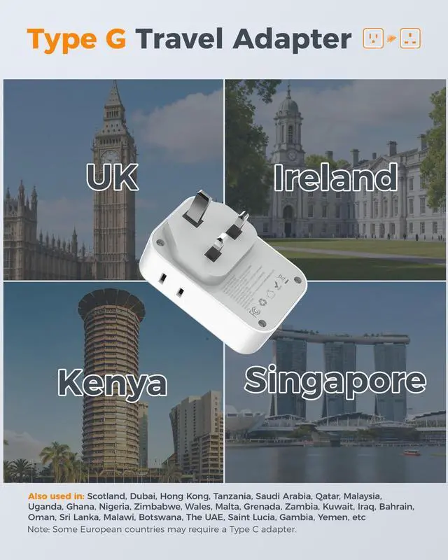 Alt view image 9 of 14 - Type G Adapter for Travel 2 Pack, PD 20W US to UK Plug Adapter with 4 AC Outlets 4 USB Ports (2 USB C), Ireland Power Adaptor for USA to England London British Scotland Dubai Hong Kong Kenya