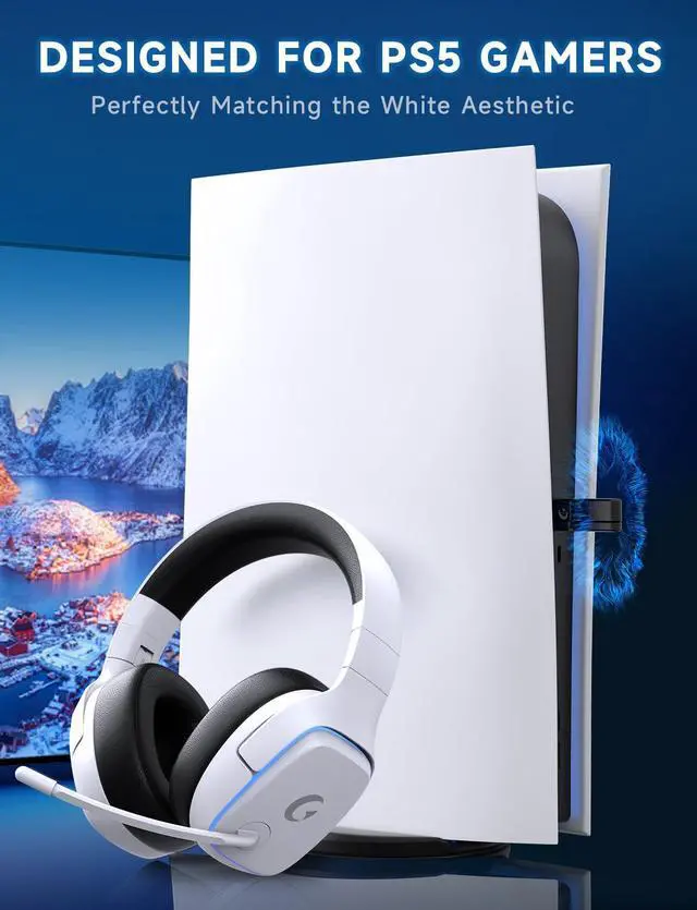 Alt view image 12 of 14 - 2.4GHz Wireless Gaming Headsets for PS5, PS4, PC, Switch - Bluetooth 5.3 Gaming Headphones with Noise Canceling Mic, 7.1 Surround Sound, 70H Battery, Blue Lighting - White