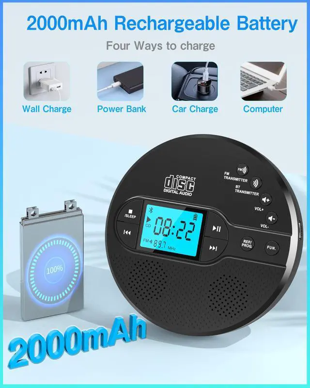 Alt view image 13 of 14 - Portable CD Player with Bluetooth, Walkman CD Player with FM Transmitter and Speakers for Car, Rechargeable Discman with Anti-Skip Protection, Headphones, LCD Display (Black)