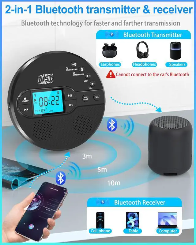 Alt view image 11 of 14 - Portable CD Player with Bluetooth, Walkman CD Player with FM Transmitter and Speakers for Car, Rechargeable Discman with Anti-Skip Protection, Headphones, LCD Display (Black)