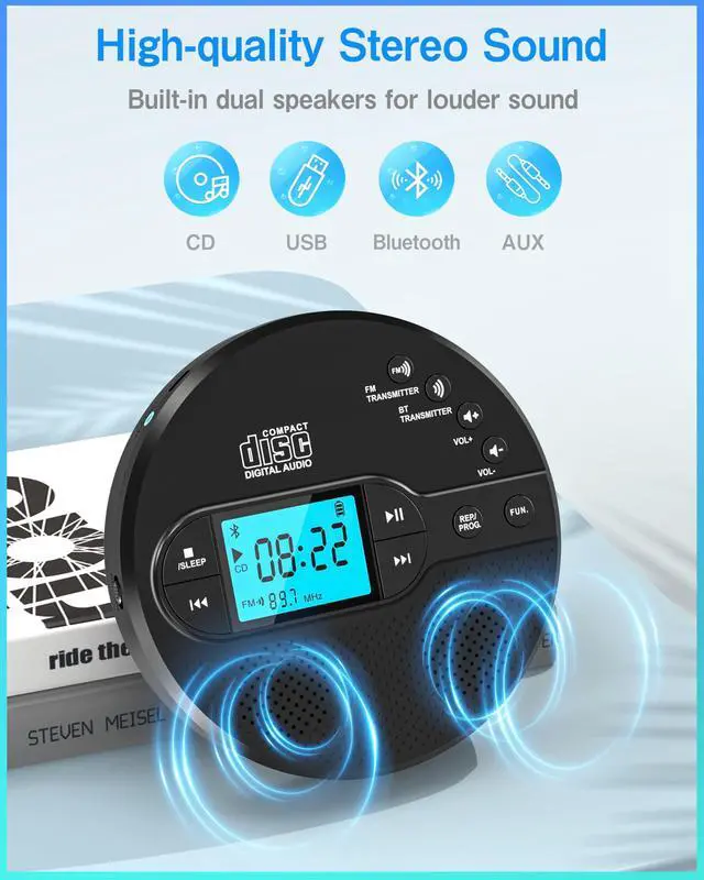 Alt view image 14 of 14 - Portable CD Player with Bluetooth, Walkman CD Player with FM Transmitter and Speakers for Car, Rechargeable Discman with Anti-Skip Protection, Headphones, LCD Display (Black)