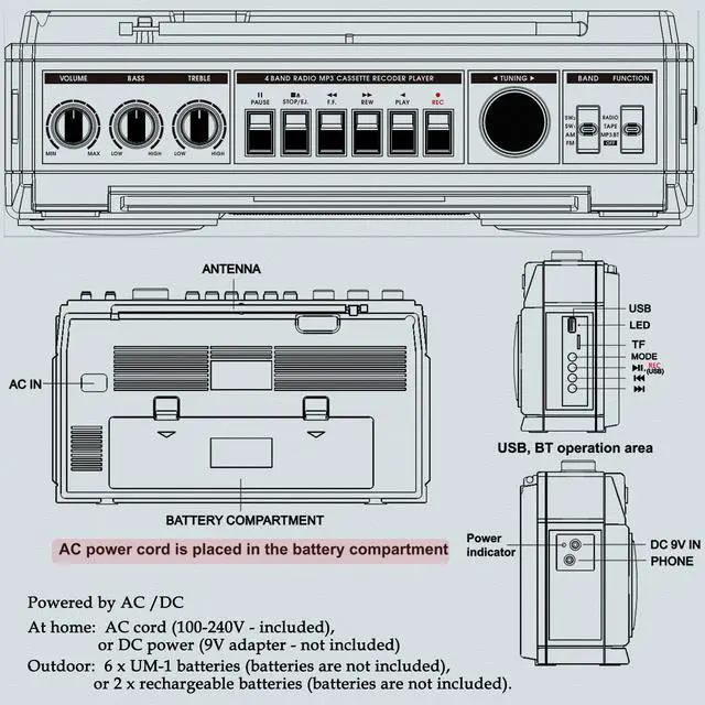 Alt view image 14 of 14 - Retro Classic 80s Style Portable Boombox with Cassette Player Recorder, AM/FM/SW1/SW2 Radio, Bluetooth, USB/Micro SD Slots, Headphone Jack, 24W Dual Full-Range High Bass Speakers