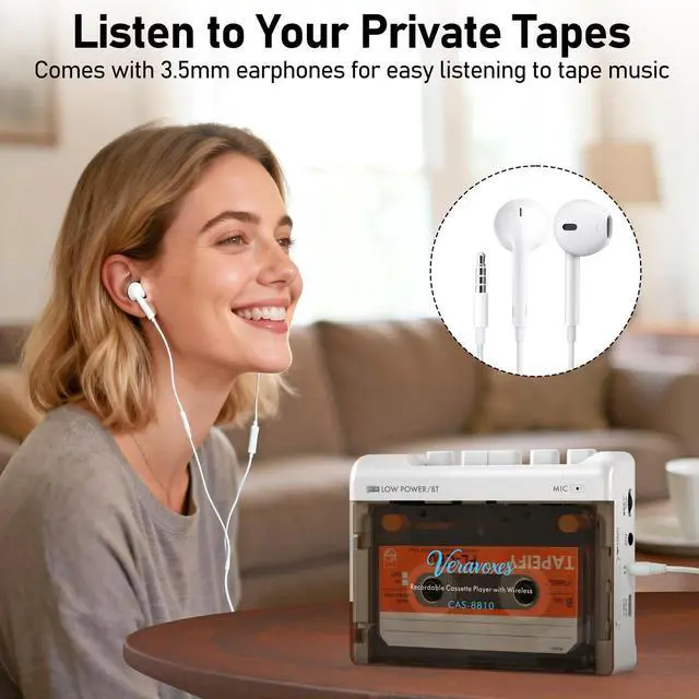 Alt view image 14 of 14 - Portable Bluetooth Cassette Tape Player, Cassette Player Recorder,Equipped with Headphone and AUX Ports, Support AUX Line in Record,Built-in Microphone, Powered by DC or AA Battery (White)