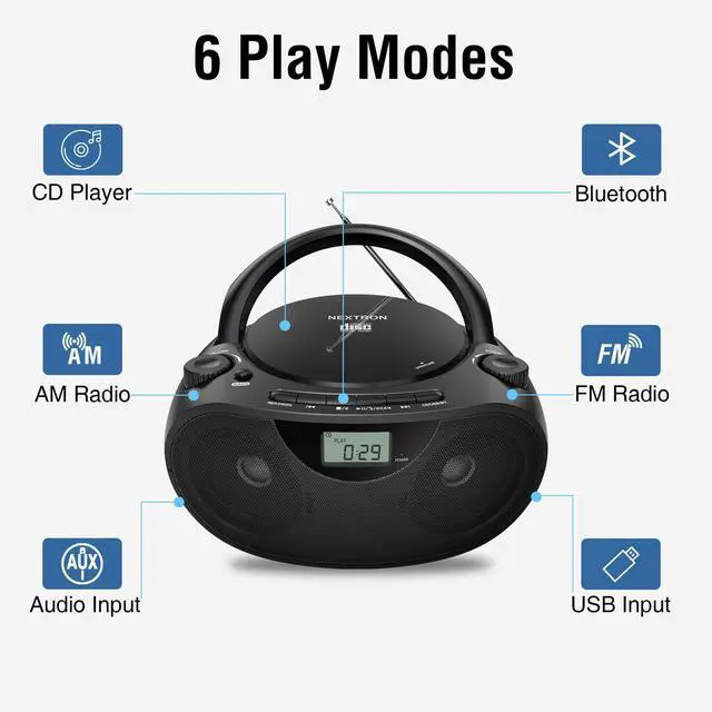 Alt view image 9 of 14 - Portable CD Player Bluetooth Boombox with AM/FM Radio, USB, AUX-in, Headphone Jack, CD-R/RW & MP3-CD Compatible, Stereo Sound with Bass Boost, AC/Battery Operated Black