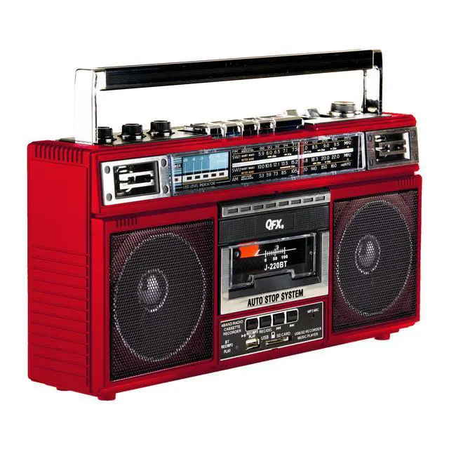 Alt view image 13 of 14 - J-220BT Red Boombox MP3 Conversion from Radio to Cassette with 4-Band (AM, FM, SW1, SW2) Radio with Bluetooth, Dual 3 Speakers, Built-in Microphone, Recorder, and a 3-Band Equalizer