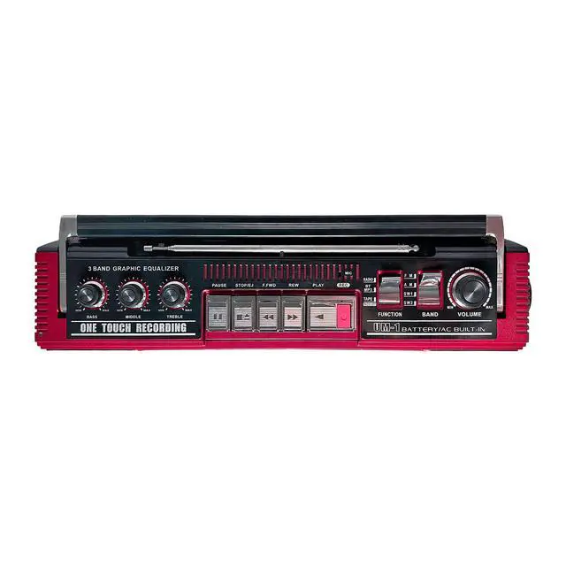 Alt view image 12 of 14 - J-220BT Red Boombox MP3 Conversion from Radio to Cassette with 4-Band (AM, FM, SW1, SW2) Radio with Bluetooth, Dual 3 Speakers, Built-in Microphone, Recorder, and a 3-Band Equalizer