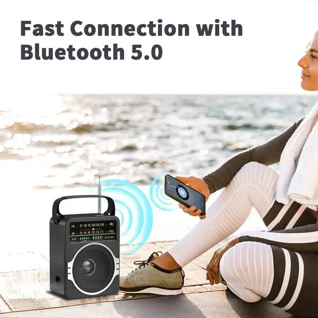 Alt view image 10 of 14 - Portable AM FM Radio, Bluetooth 5.0 Radios 5 Watts Loud Speaker,FM Radio Built-in Rechargeable Battery/DC D*4 Cell Battery Operated & AC Power Plug in Wall Black