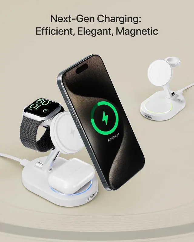Alt view image 8 of 12 - Fast Charging Station for iPhone 16/16 Pro/16 Pro Max, Wireless Charger Station for MagSafe iPhones, 3 in 1 Magnetic Charger Stand for iPhone 16/15/14/13/12 Series, Apple Watch & AirPods.(White)