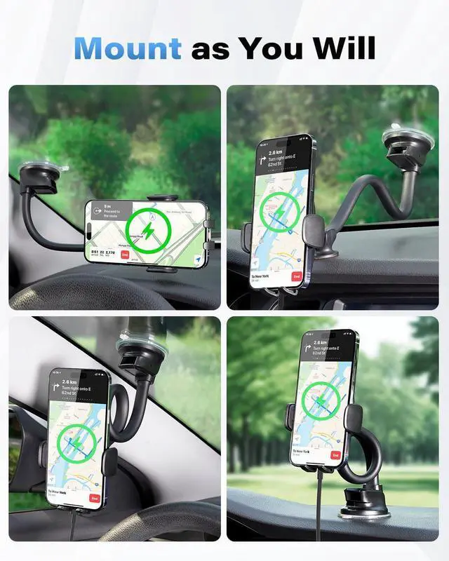 Alt view image 12 of 14 - Solid Car Truck Phone Mount Wireless Charger Holder with 14-Inch Gooseneck Long Arm for iPhone 15 Pro Max Plus 14 13 12 11 XS X Samsung S24 Ultra S23 S22 S22 S21 S20 Pixel 9 Pro XL 8 7 6 5 4