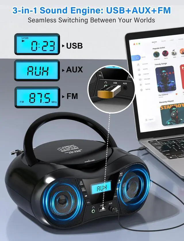 Alt view image 14 of 14 - Boombox Portable CD Players for Home with Bluetooth, Boom Box CD Player FM Radio Combo, Stereo Sound, AC/Battery Powered, CD/CD-R/RW Compatible, Support AUX/USB/Headphone, Timer, Repeatable